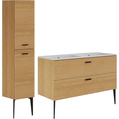 Meuble de salle de bain strié sur pieds avec vasque à encastrer et colonne - 2 tiroirs - Naturel clair - 120 cm - SARONE (1/5)