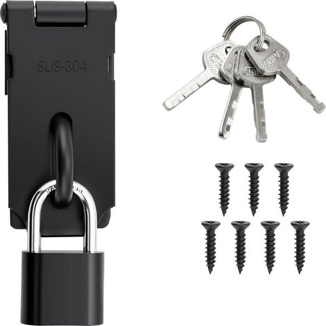 Verrou de porte en acier inoxydable avec cadenas, Noir, Inoxydable, 180 degrés