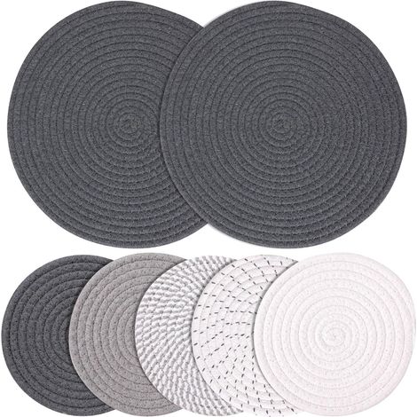 5 dessous de plat ronds tressés en coton 100 %, diam. 30 cm et 18 cm, isolants thermiques, absorbants, pour casseroles et poêles (1/5)