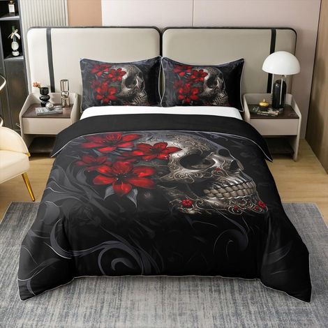 Parure de lit 200 x 200 cm En coton Pour enfant Avec housse de couette et 2 taies d'oreiller Impression numérique 3D Motif tête de mort et rose Pour filles, garçons (1/5)
