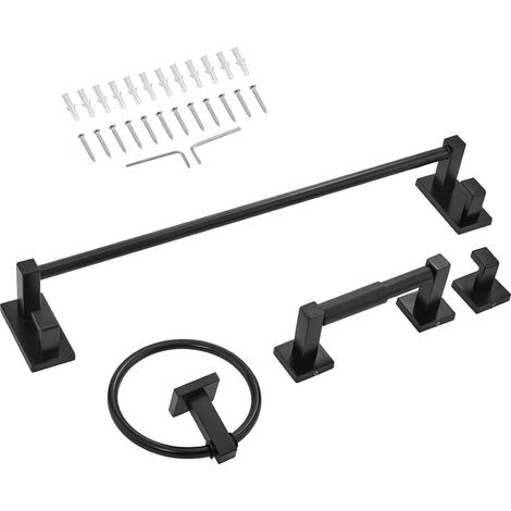 Ensemble d'accessoires salle de bain noir mat 4 pièces en inox, barre à serviettes 61 cm, porte-papier mural, finition moderne (1/5)