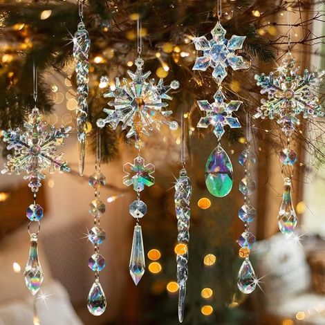 18 décorations de Noël en cristal - Ornements suspendus en acrylique irisé en forme de flocons de neige et de glaçons, pour sapin, thème La Reine des Neiges, décoration d'anniversaire - Exclusivité No (1/5)