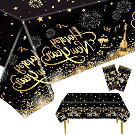 2-teiliges Tischdecken-Set in Schwarz und Gold, 137 x 274 cm rechteckige Tischdecken aus schwarzem und goldenem Kunststoff, rechteckige Tischdecke in Schwarz und Gold, Einweg-Tischdecke in Schwarz und (1/5)