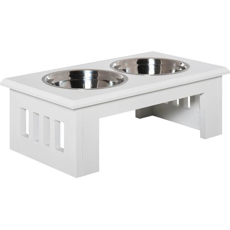 Gamelle et écuelle pour chien surélevée-MDF antidérapant-Bols acier inoxydable-Facile à entretenir-Blanc-58,4x30,5x25,4(cm) (1/5)