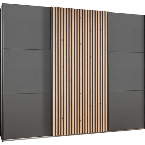 Pegane – Armoire coulissante graphite imitation chêne – Longueur 250 cm x Hauteur 216 cm x Profondeur 65 cm – Panneaux de particules mélaminés (1/2)