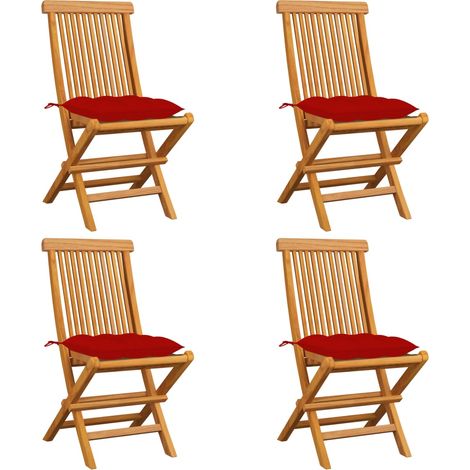 Lot de 4 Chaises de jardin avec coussins rouge - Chaise d'extérieur pour terrasse/jardin Bois de teck massif BV266876 - BonneVie (1/5)