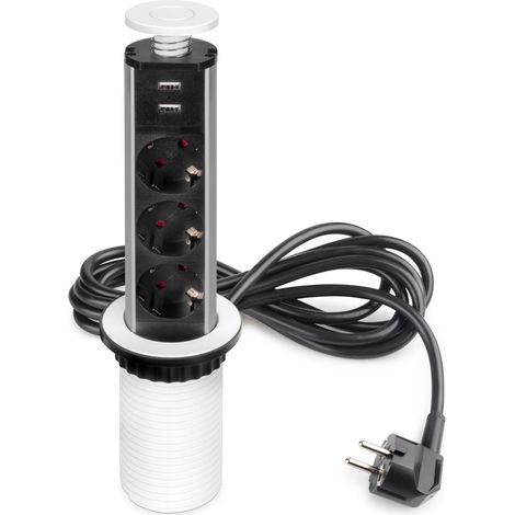 Emuca – Connecteur multiprise relevable – 3 prises Schuko jusqu’à 3500W – 2 ports USB 5V – Installation facile Ø60mm – Design escamotable