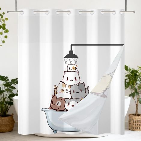 Pas Crochet Chat Rideau de Douche avec Snap en Doublure Dessin animé Chaton Mignon Double Couche Salle de Bain décorative avec Voir à Travers Maille pour Enfants imperméable 183x188cm (1/5)