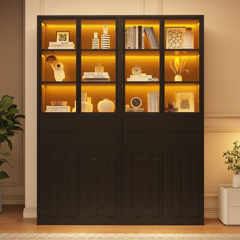 Lot de deux vitrines, 140 × 34 × 180 cm, en aggloméré, bibliothèque avec 2 portes vitrées, 2 tiroirs, éclairage LED, armoires hautes, caves à vin, vitrine pour salon, noir (1/5)