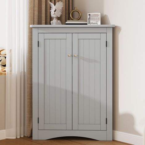 Meuble de rangement de salle de bain-étagère triangulaire autoportante grise 2 portes 3 niveaux-MDF laqué-gain de place-61,5x34,5x90cm (1/5)