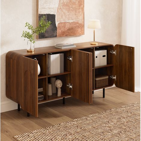 Credenza Mid-Century 160x40x79 cm, 4 ante, 8 scomparti, ripiani regolabili, rilievi geometrici, MDF e truciolare, noce (1/5)