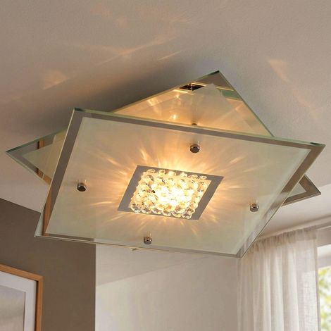 Lampada da soffitto cromata LED plafoniera cristalli lampada da soggiorno in vetro, cristalli di vetro ghiacciato, 1x LED 20W 700Lm bianco caldo, LxPxH 29 x 29 x 8 cm (1/5)