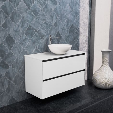Inda - Badezimmerschrank 2 Schubladen B.100 mit Aufsatzwaschbecken / Hochglanzweiß - Smeraldo (1/5)