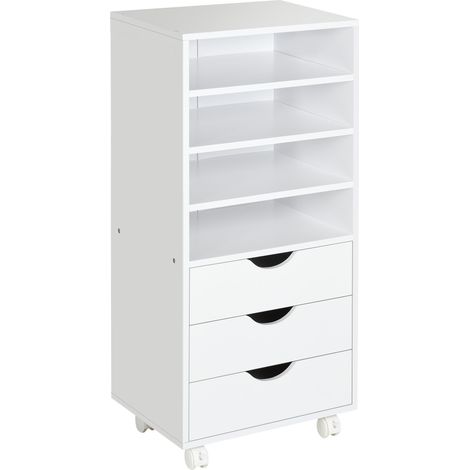 Cassettiera per Ufficio con Ruote 3 Cassetti 4 Ripiani in Legno 40x30x83 cm Bianco (1/5)
