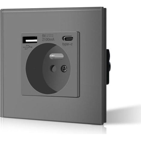 Prise murale française standard avec ports USB TypeC, boîtier PC gris, 16A, pour recharge et alimentation (1/5)