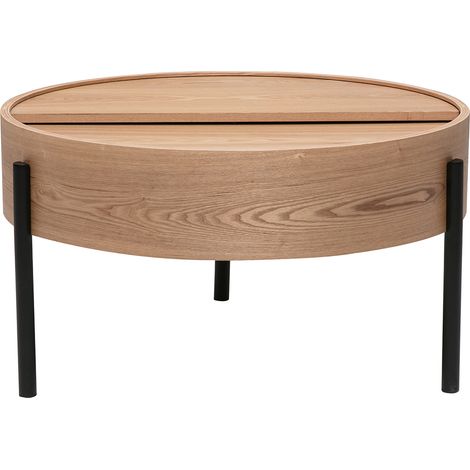 Runder Couchtisch aus hellem Eschenholz und schwarzem Metall mit drehbarer Platte und Stauraum D80 cm YOLINE
