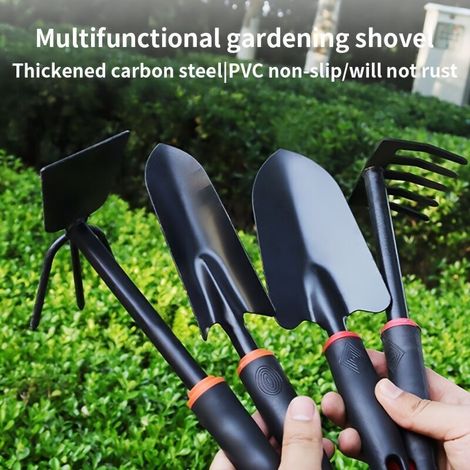 Lot de 4 outils de jardinage : pelle large, pelle étroite, râteau 5 dents et râteau double pour plantation, extérieur et plage (1/4)