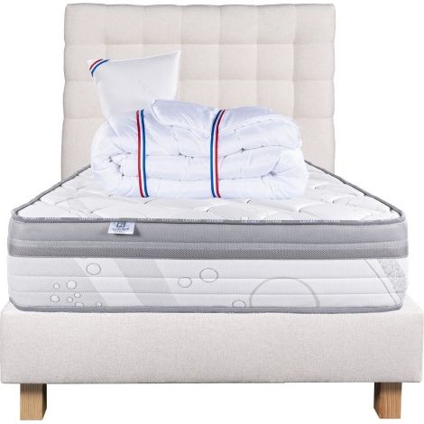 Ensemble Matelas ViscoPlus 26 cm, mousses haute densité, ferme, face été/hiver+sommier beige ep20cm+oreiller+couette+Tête de Lit, 90x190cm (1/5)