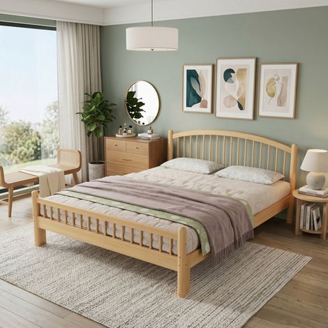 Letto singolo in legno di pino 140x200 cm, design minimalista a sbarre, naturale, OKWISH (1/5)