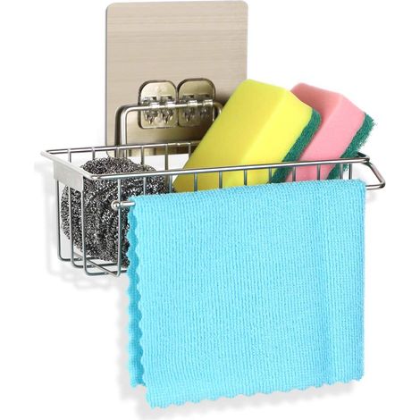 Organizzatore per lavello 2 in 1 in acciaio inox, porta spugna + porta strofinaccio, soluzione per riporre gli utensili da cucina.