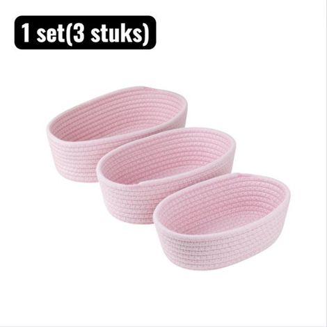 Set di 3 cestini portaoggetti ovali in corda di cotone intrecciata, colore bianco sporco. (1/5)