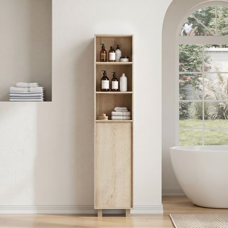 Meuble haut de salle de bain 162,5 cm, placard lave-linge en chêne, avec portes et étagères ouvertes, rangement étroit en bois pour buanderie, balcon, salle d'eau ou cuisine. (1/5)