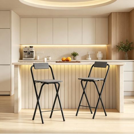 Set de 2 tabourets de bar pliables noirs, 37×45×87 cm, avec dossier et repose-pieds (1/5)