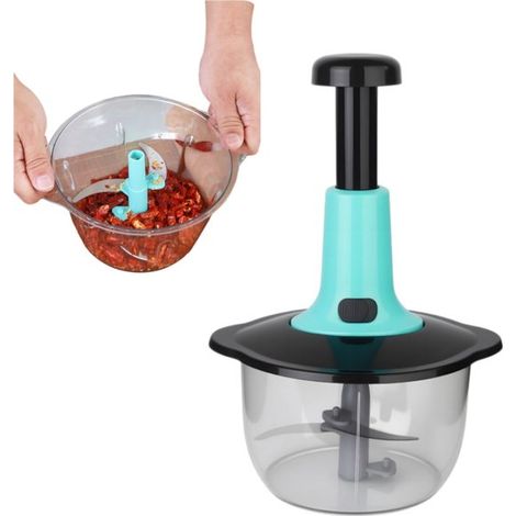 Robot da cucina manuale da 1,5 litri, affettatrice e tritatutto a manovella per verdure, frutta ed erbe aromatiche, ideale per salse e pesto, colore blu. (1/5)