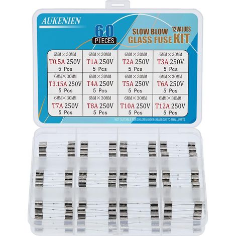 12 Werte, 60 Stück 250 V 6x30 6,3x32 mm träge Glassicherungen mit Zeitverzögerung T 0,5 A 1 A 2 A 3 A 3,15 A 4 A 5 A 6 A 7 A 8 A 10 A 12 A Sortierte träge Sicherungen