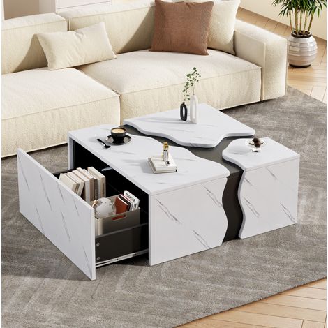 Mesa de centro cuadrada 70 x 70 x 31 cm, efecto mármol, con cajón, blanca (1/5)