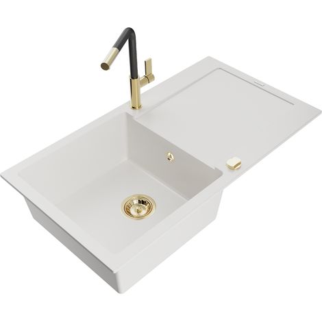 Mexen Leo lavello in granito a 1 vasca con scolapiatti e rubinetto da cucina Flora, bianco - 6501-20-670401-57-G (1/5)