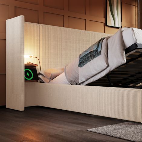 Lit double rembourré (160 × 200 cm) doté d'une table de chevet, de liseuses et d'un port de charge USB-C  structure en bois massif et métal avec rangement et sommier à lattes  revêtement en velours cô (1/5)