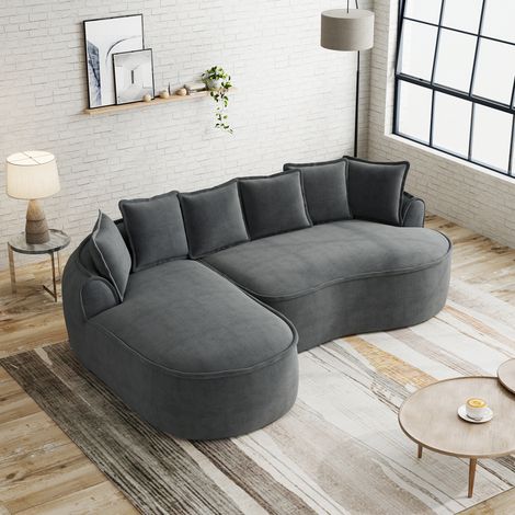 Canapé nuage L en chenille sans cadre siège très profond accoudoirs larges. Avec coussins prêt à l’emploi pour salon,gris. (1/5)