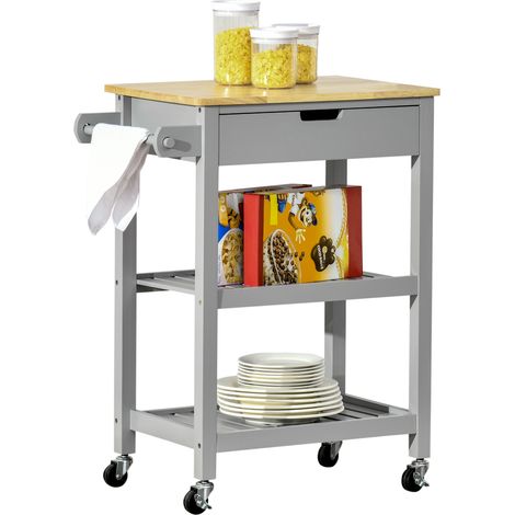 Desserte de service chariot de cuisine à roulettes avec plan de travail en bois hévéa - 2 étagères, 1 tiroir et 1 porte-torchon