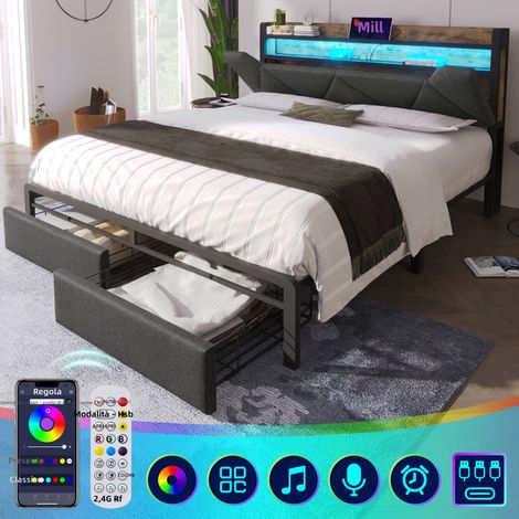 Letto matrimoniale imbottito 140x200 cm con testiera contenitore, illuminazione LED, 2 cassetti e porta USB-C, senza materasso, colore grigio (1/5)