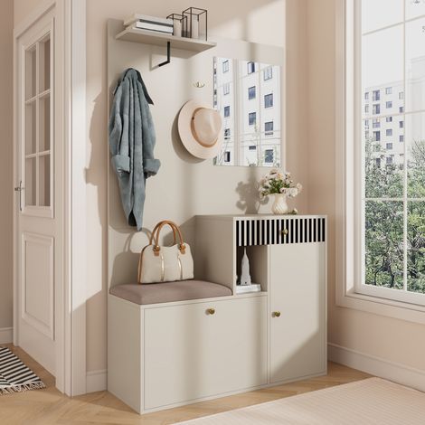 ELVMI Meubles d'entrée avec 1 Porte, 1 Tiroir, Étagères Réglables, Miroir et Assise Rembourrée en MDF 110 x 37 x 185.5 cm