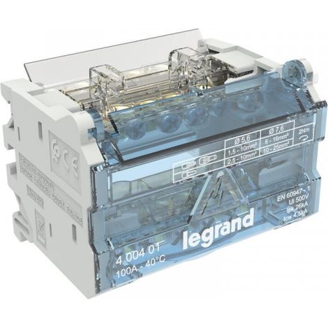 Legrand – Répartiteur modulaire 2 Pôles 100A – 4 modules – Rail DIN – Capot transparent pivotant – 400401 (1/4)