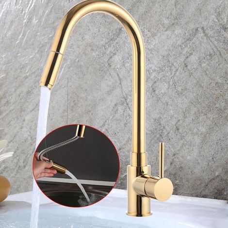 Wasserhahn Küche, Spültischarmatur Ausziehbarer Küchenarmatur Einhebel 360°Schwenkbar Spültischarmatur Messing Mischbatterie für Küchen Spüle Spültischarmatur (Gold)