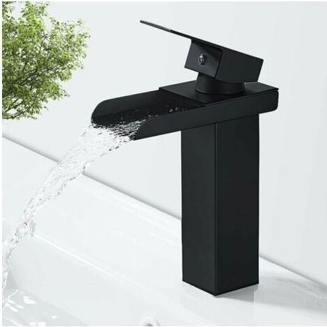 Robinetterie cascade noire mate RTGPT pour salle de bain, mitigeur lavabo en laiton avec eau chaude et froide, valve en céramique, design cascade concave, G 3/8. (1/5)