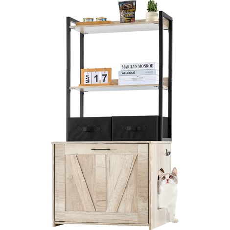 VEVOR Cat Litter Box Enclosure, Hidden Litter Box Furniture with 2 Storage Shelves & 2 Baskets, Wooden Cat Washroom Indoor, Cat House Cabinet Fit Most of Litter Box, 23.6"L x 19.7"W x 50"H, Natural