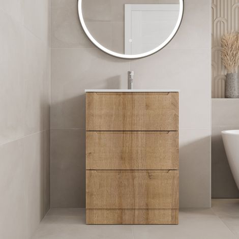600mm Bathroom Cloakroom Vanity Unit White Basin Floorstanding 1 Tap Hole Soft Close, Oak Wood (1/5)