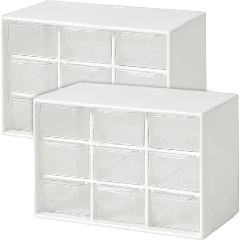 Lot de 2 boîtes de rangement transparentes en plastique avec 9 tiroirs et compartiments pour bijoux, cosmétiques et petites pièces. Boîte de rangement de bureau. (1/4)