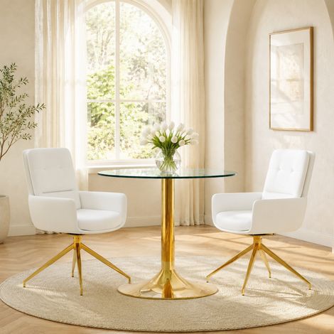 Essgruppe für 2 Personen: runder Glastisch Ø 85 cm und drehbare Stühle in Weiß und Gold (1/5)