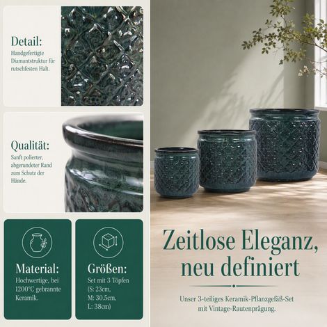 Set de 3 pots céramique, vert foncé motifs géométriques, pour orchidées, intérieur et extérieur, diamètre 38,1/30,5/22,9 cm, terre cuite respirante (1/5)