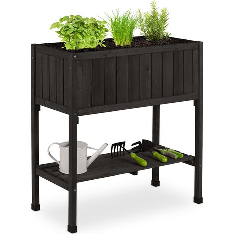 Relaxdays Huerto Urbano Madera de Abeto, Jardinera con Balda, Arriate Balcón y Terraza, 80x74x38 cm, Negro (1/5)