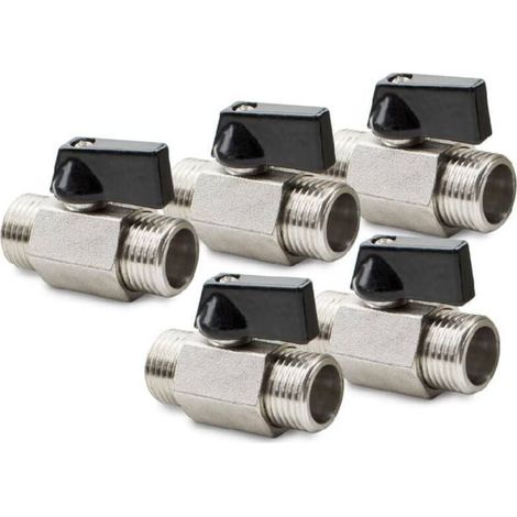 Mini-robinet à bille en laiton nickelé, 5 pièces, 1/2" BSP mâle x mâle (1/4)