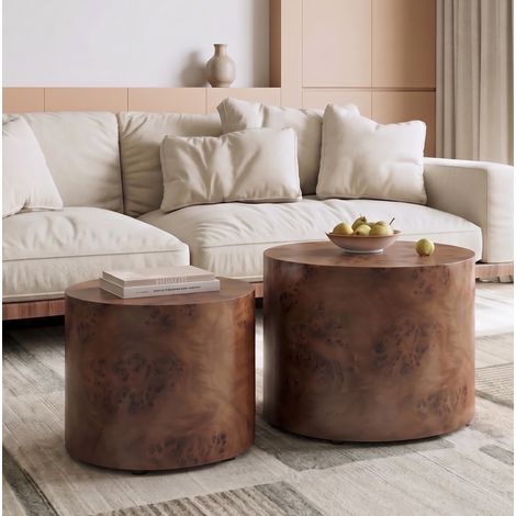 Lot de 2 tables basses gigognes rondes Ø48/38 cm, style tronc d’arbre, structure stable, bois brun (1/5)