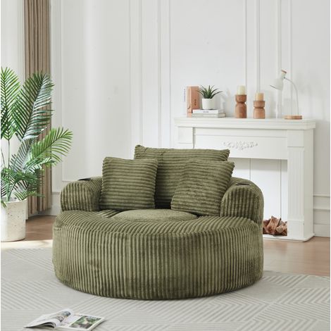 MODFU – Canapé lounge rond velours côtelé – 3 coussins, 2 porte-gobelets et poches – Mousse et ressorts – Salon – Vert (1/5)
