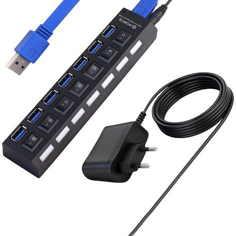 Hub USB 3.0, Alimenté 7 Ports avec Bloc d'alimentation 5V/1A, Multiport USB Et Lumière LED avec Interrupteurs Individuels et Port de Charge Intelligente 2.4A pour PC, Mac, Disque Dur (1/5)