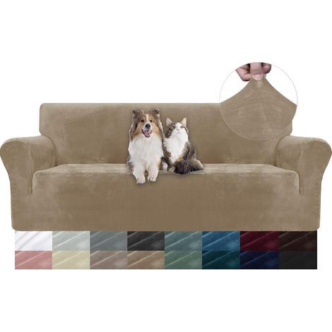 Velvet Sofa Cover for 3 Seater, Universal Stretch Fit with Armrests, Non-Slip, Washable, Camel (1/5)